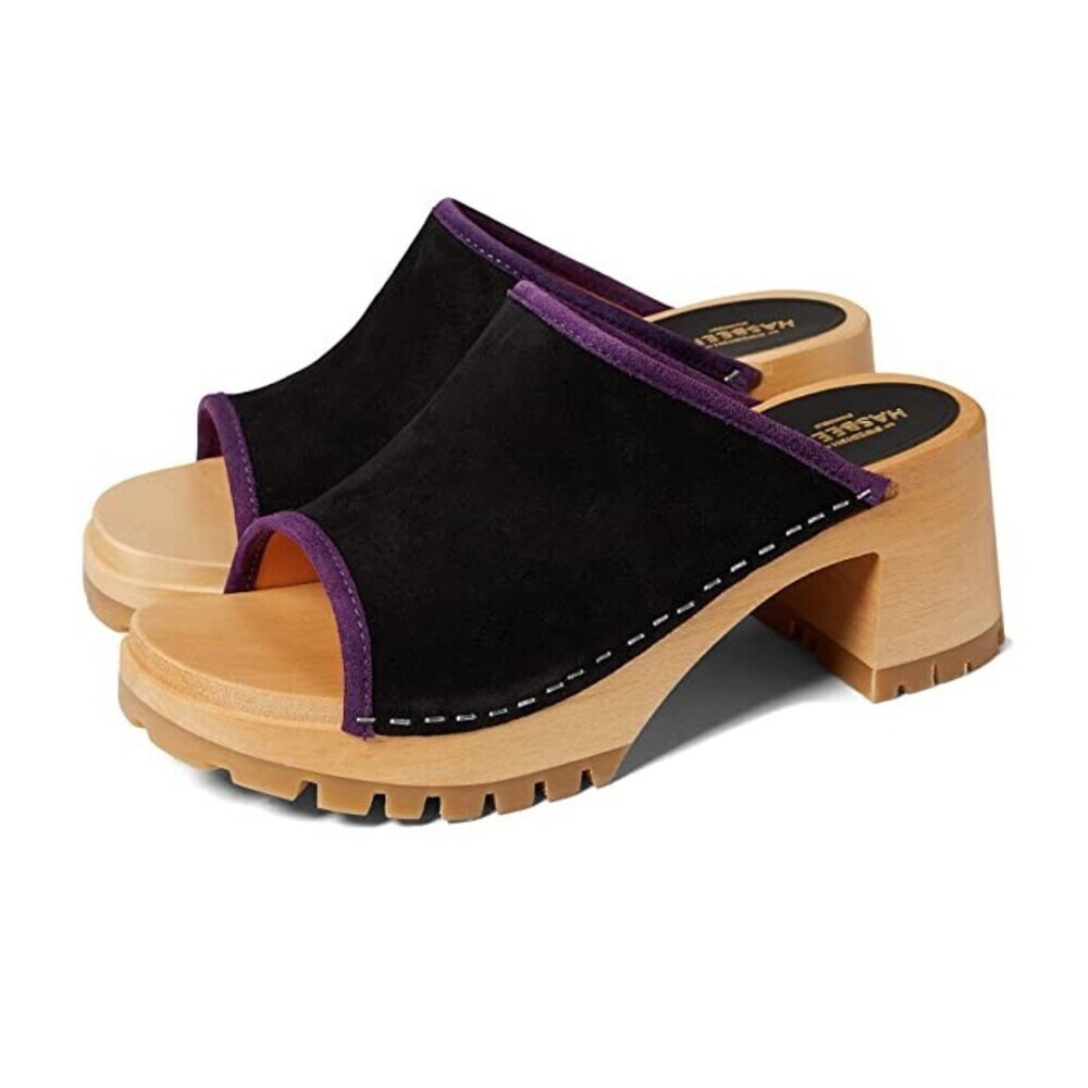 Swedish Hasbeens Piping Clog Womens US 11 Black Suede Platform Block Heel KHD652